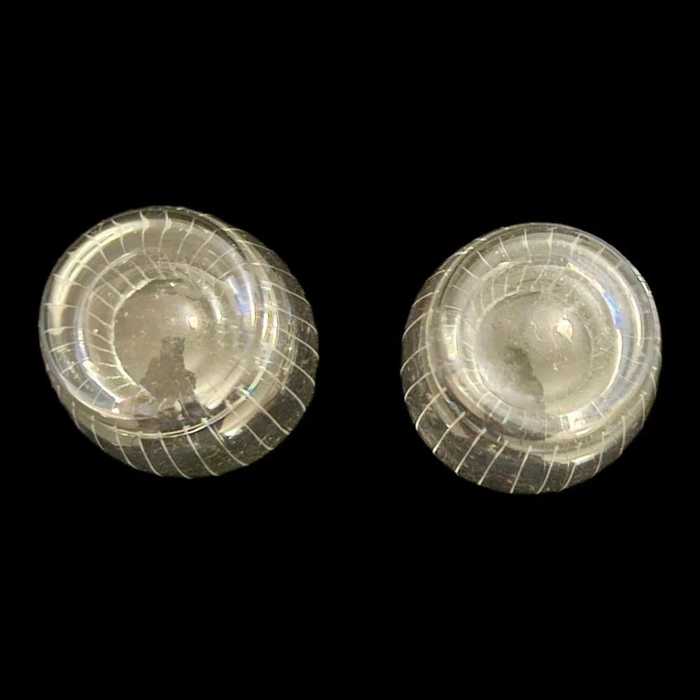Pair Vintage 1960s Barrel Shaped Etched Line Clear Glass Shot Glasses